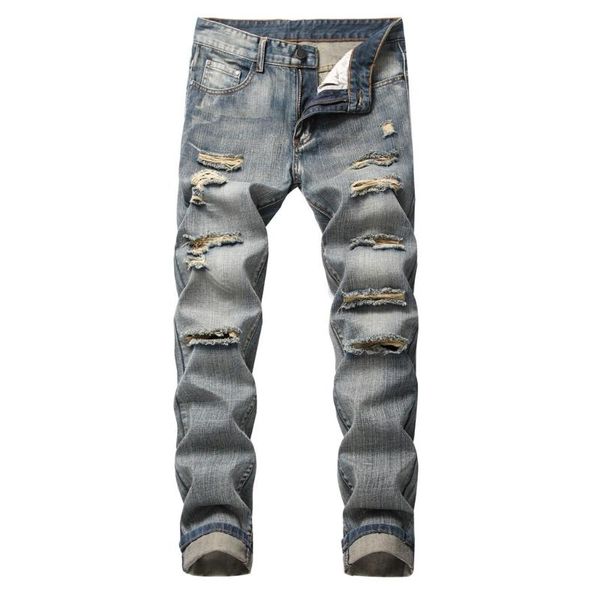 

men's jeans fashion slim fit personality straightl casual ripped denim pants men skinny vaqueros hombre, Blue