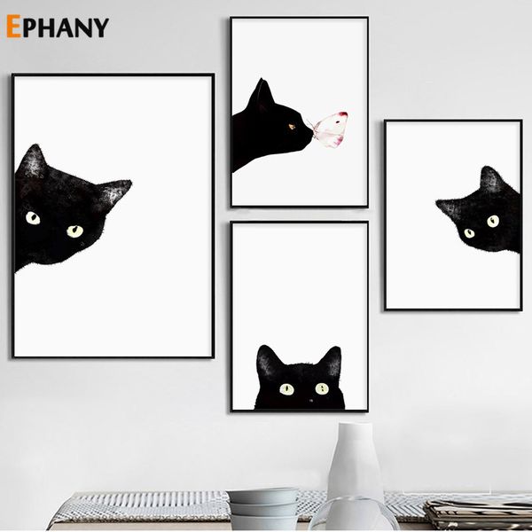 

black white peekaboo cat wall art canvas posters and prints minimalist animal painting picture for living room modern home decor