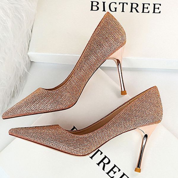 

women's 9cm high heels pointed shallow sequin shoes pumps lady wedding black silver thin heels female ladies bridal shoes
