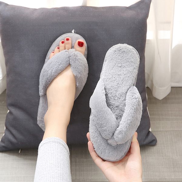 

autumn ladies slippers solid color warm and non slip indoor floor fashion flip flops women plush slippers, Black
