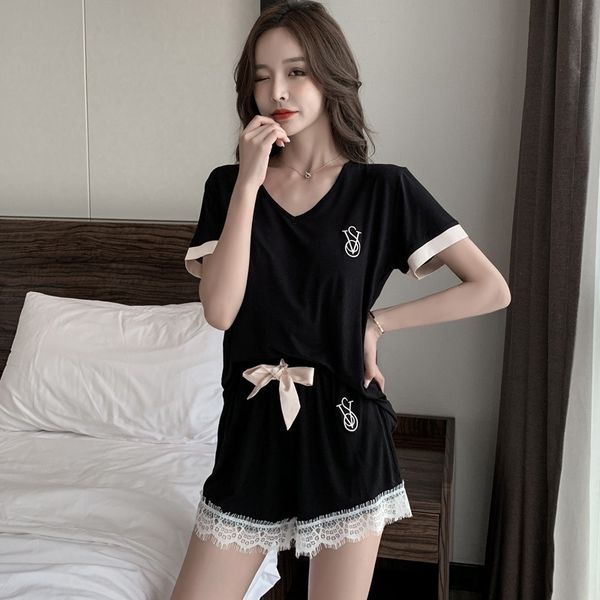 

2020 new women's lace pajamas home pajamas thin short-sleeved large size modal lace black casual home wear two-piece set, Blue;red