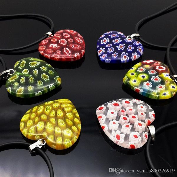 

fashion 6pcs mix color heart millefiori glass lampwork pendants with cord, Silver
