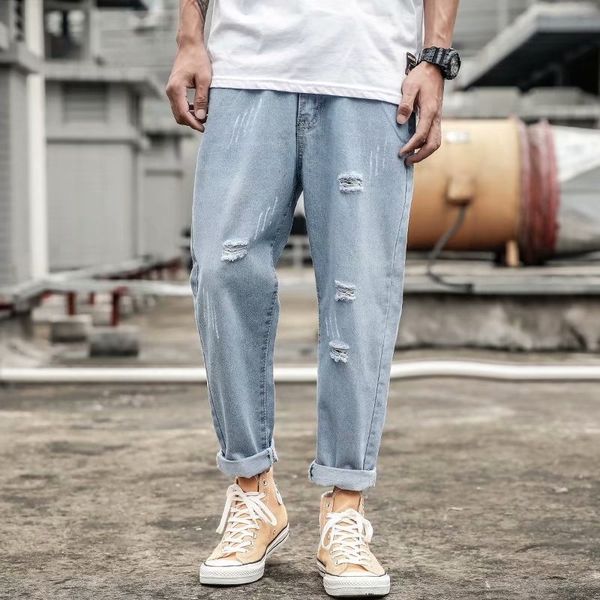 

широкоэкранные джинсы с отверстием чувства модный бренд осень рыхлой случайной мужской длинной корейские широкими широкими ногами штанов сти, Blue