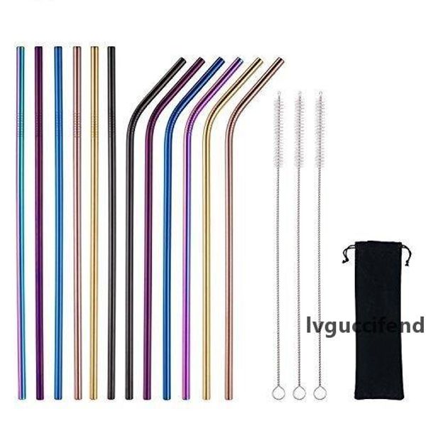 

6*215mm 304 stainless steel straw bent & straight reusable drinking straws colorful metal straw for party wedding bar drinking tools