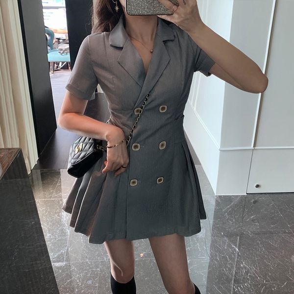 

z5jhj internet celebrity small formal small suit dress pleated short-sleeved waist dress 2020 new double-breasted temperament skirt women&#0, White;black