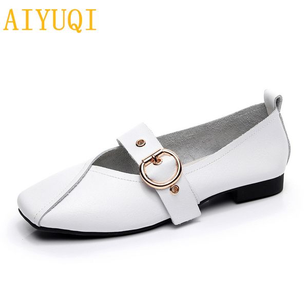 

aiyuqi casual women shoes 2020 spring new genuine leather mother flat shoes big size 41 42 43 square soft bottom women, Black