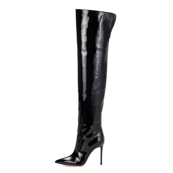 

boots lucky2021 black patent leather pointed l stiletto heel temperament over-the-knee chengdu fashion women's shoes winter