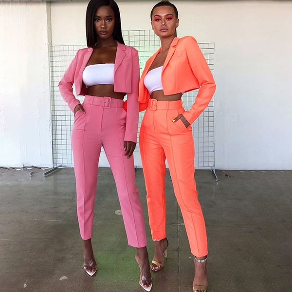 

work suits ol 2 piece sets fluorescence yellow crop blazer belted button zipper up trousers suit for women set feminino autumn, Gray