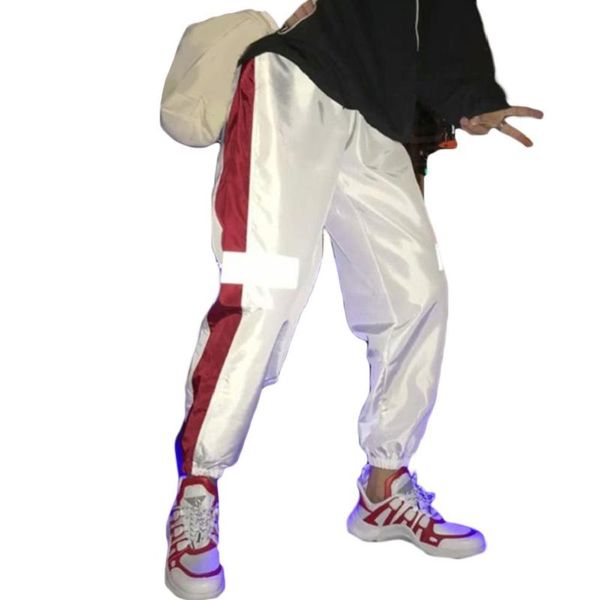 

men reflective side stripe waist drawstring hip hop beam pants sports trousers waist drawstring hip hop beam pants sports trouse, Black