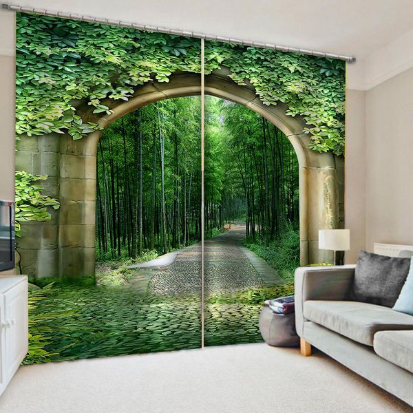 

luxury blackout 3d window curtain for living room green scenery bamboo curtain