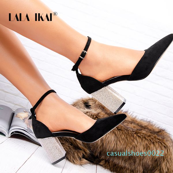 

lala ikai wedding woman 2020 pointed toe square crystal bling high heels shoes buckle shallow sandal party pumps c22, Black