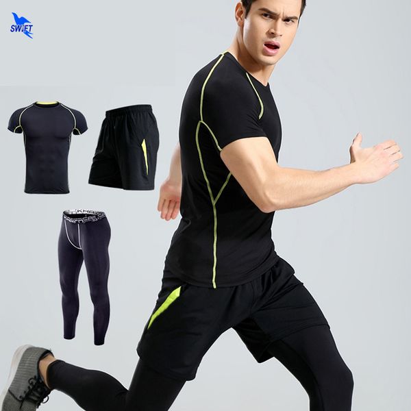 

3pcs mens gym fitness clothing sportswear male quick dry running sets basketball soccer training suit elastic compression kits, Black;blue