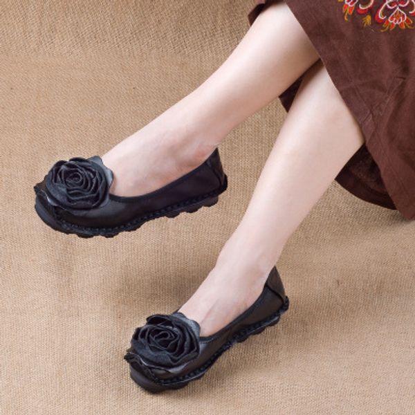 

flat shoes 2020 fashion flower design round toe solid color vintage genuine leather women flats handmade women's shoes c14, Black
