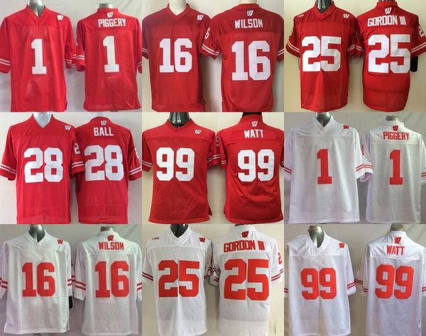 

mens wisconsin badgers college football #1 piggery 16 russell wilson 25 melvin gordon iii 28 ball 99 j.j. watt red white jerseys, Black;red