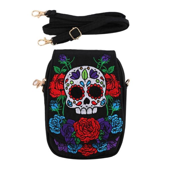 

women skull rose handbag canvas embroidery ethnic shoulder bag lady crossbody tote satchel purse 517d
