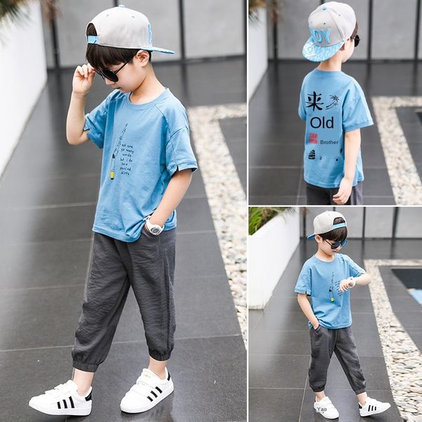 

m73ra boys' pure cotton cotton trousers t-shirt trousers t-shirt set summer 2020 new medium and large children's men's printe