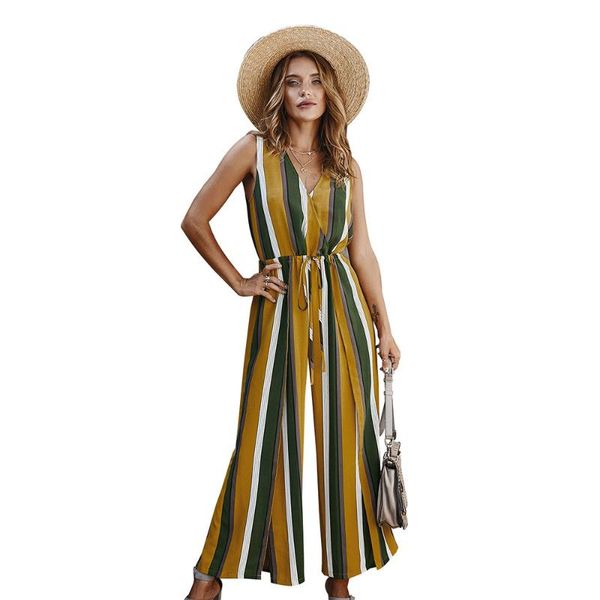 

summer 2020 jumpsuit women casual wear striped high slit trousers jumpsuit boho v-neck sleeveless ladies beach holiday wear, Black;white