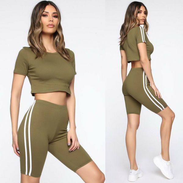 

women 2pcs sports suit solid crop + shorts beach wear running gym stripe outfits summer casual workout clothes tracksuit, Gray