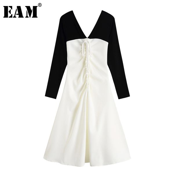

eam] women black drawstring split joint midi dress new v-neck long sleeve loose fit fashion tide spring autumn 2020 1x7740, Black;gray
