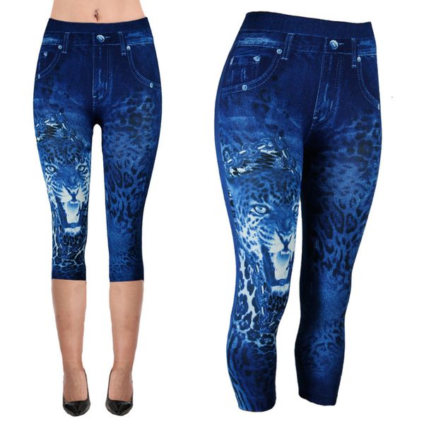 

printed false denim short leggings 3 women jeans leggings high waist breeches capri pants super elastic plus size 3xl, Black