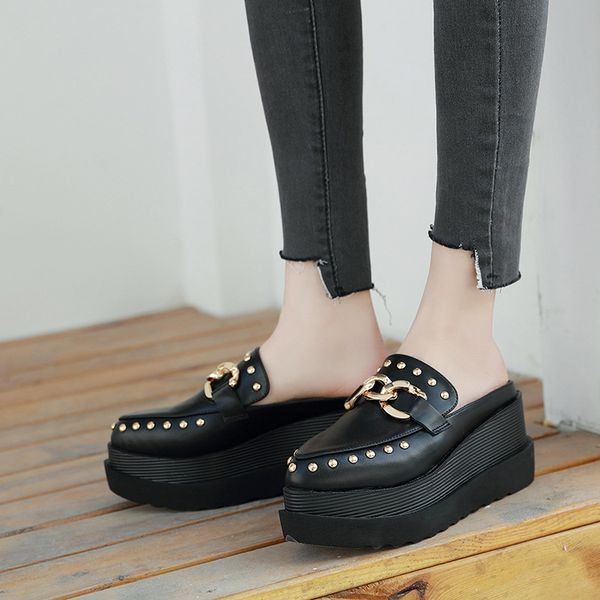 

loafers shoes rivet low house slippers platform slides on a wedge slipers women cover toe fashion 2020 luxury basic rubber, Black