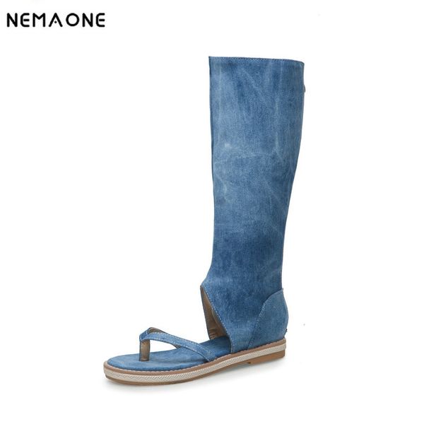 

nemaone women sandals flat beach shoes denim clip toe knee high gladiator summer boots 2020 fashion casual black blue beige