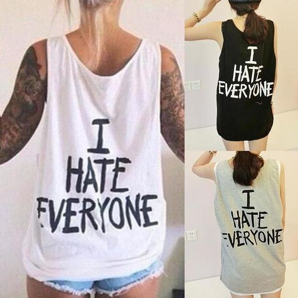 

new i spandex hate everyone letter printed solid color vest women sleeveless o neck tank top, White