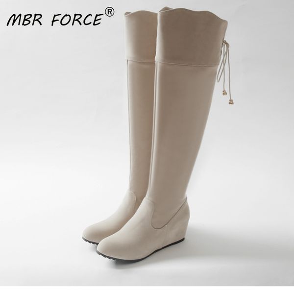 

mbr force women's autumn and winter fashion wedge high heel round toe thick bottom short plush warm lace-up over-the-knee boots, Black