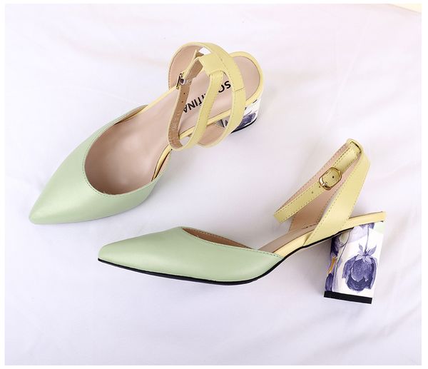 

women's pumps sheepskin fashion printing flower square heel slingback shoes buckle new elegant pumps, Black