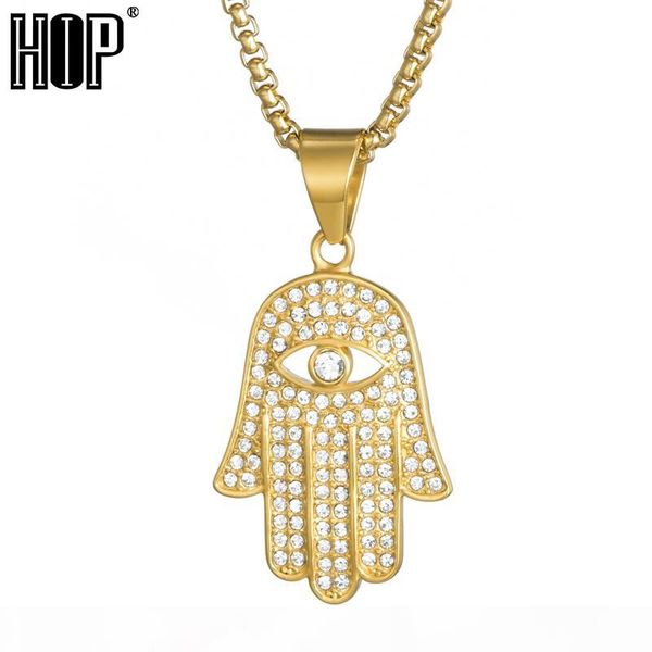 

wholesale hop bling ice out eye fatima palm necklace for men gold color 316l stainless steel amulet pendants necklaces muslim jewelry, Silver