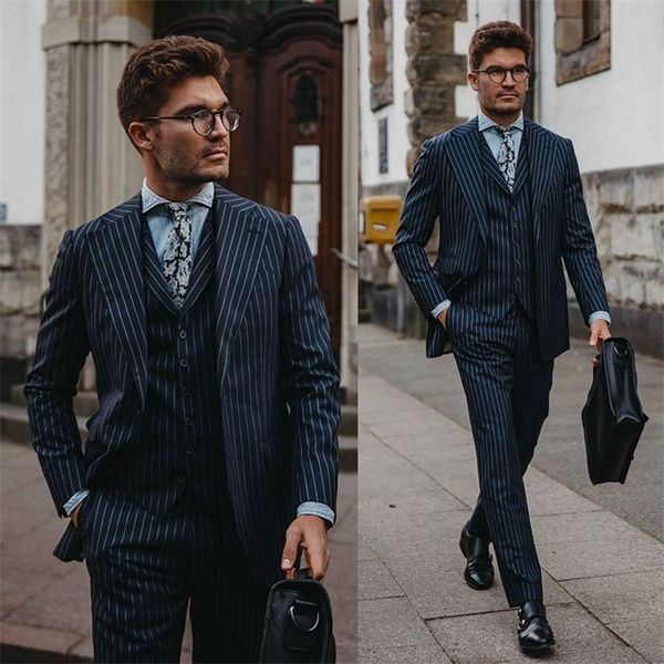 

3-piece navy pinstripe wedding suits custom made suits tuxedos party formal business fit slim peaked lapel blazer, White;black