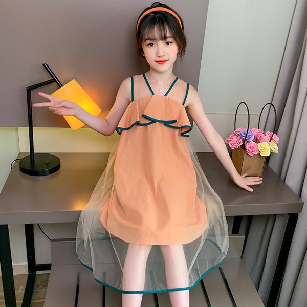 

girls korean-style ruffled dress summer new childrens mesh strap dress, Red;yellow