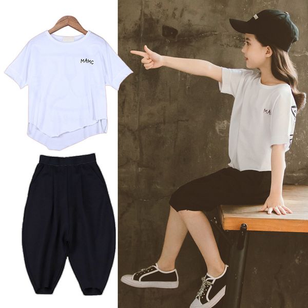 

super foreign style girls summer suit year new childrens korean-style cool short-sleeved harem pants two-piece fashion, White