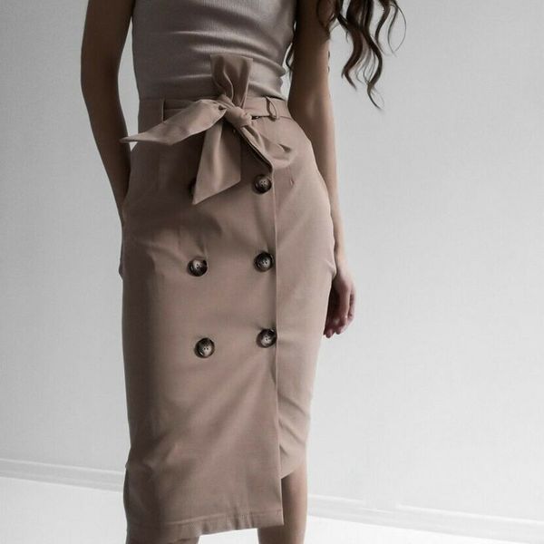 

high waist split midi skirts women lace up button solid casual chic skirt high fashion boho bandage skirts, Black