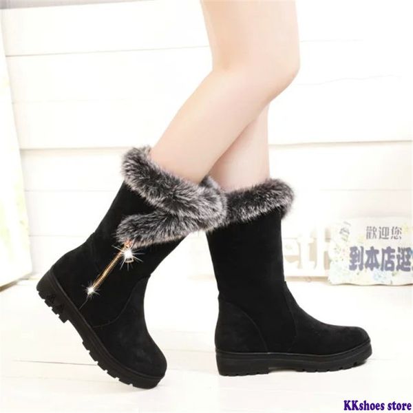 

new winter women boots casual warm fur mid-calf boots shoes women slip-on round toe flats snow shoes muje plus size 35-41, Black