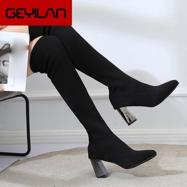 

women winter boots 2020 keep warm shoe pointed-toe flat elastic socks overhe knee boot botte femme, Black