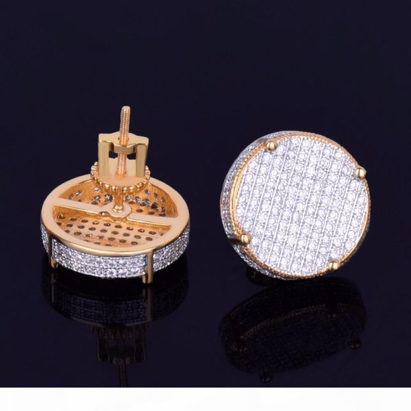 

новый ледниковый out cz stone мужские большой круглый серьги стержня 14 мм ширина три цвета алмазная серьги rock street hip hop ювелирные, Golden;silver