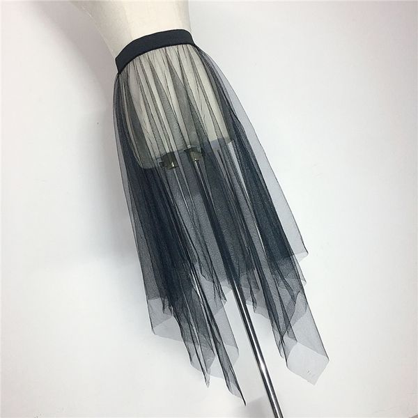 

spring summer women long skirts women casual lace mesh tulle midi skirt high waist elastic asymmetry skirt overskirt, Black