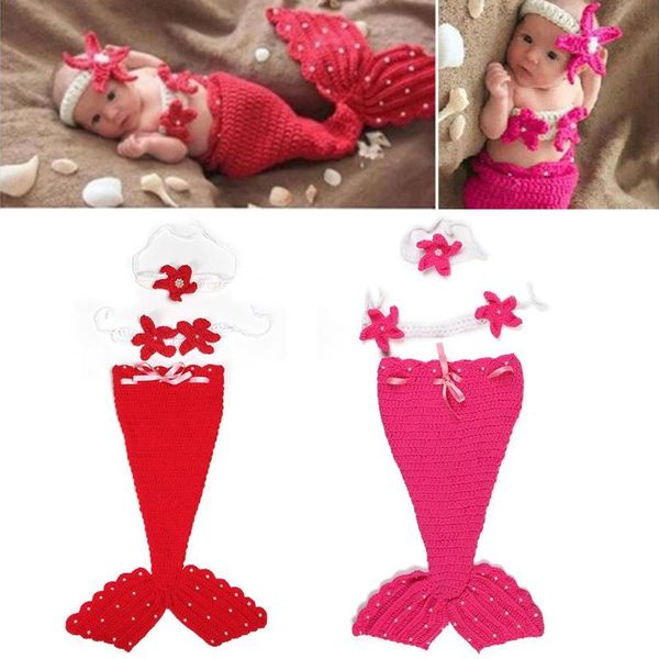 

3pcs newborn baby fish tail clothing set sleeping bag bust flower headband baby pgraphy props crochet gilr boys set