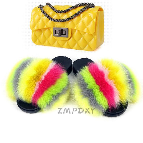 

women's fur slippers matte colorful jelly bags shoes sets ladies fluffy slides fur sandals flip flops crossbody phone purse, Black