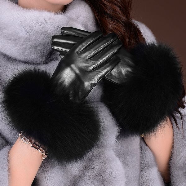 

oeuhk high-end genuine leather women' winterwarm gloves and gloves black big fox fur mouth plus velvet thickened warm touch screen car, Blue;gray
