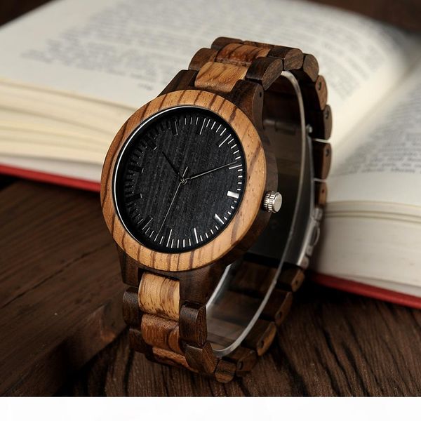

wholesale- bobo bird d30 round vintage zebra wood case men watch with ebony bamboo wood face with zebra bamboo wood strap japanese movement, Slivery;brown