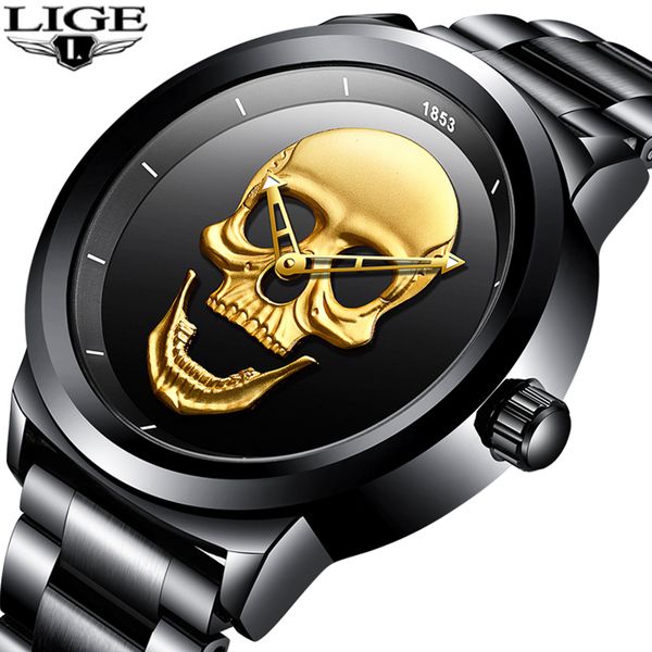 

relogio masculino lige mens watches new skull watch men's military sports watch men waterproof stainless steel gold quartz clock j19070, Slivery;brown