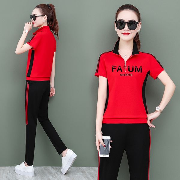 

5z3wf large size women's summer sports short-sleeved trousers two-piece suit fashionable sportswear sportsweartrousers sports suit loos, Black;red