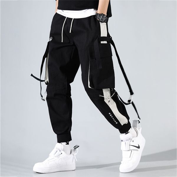 

mens cargo pants hip hop pockets joggers streetwear casual men pants ribbons patchwork clothes spring autumn new loose trousers, Black
