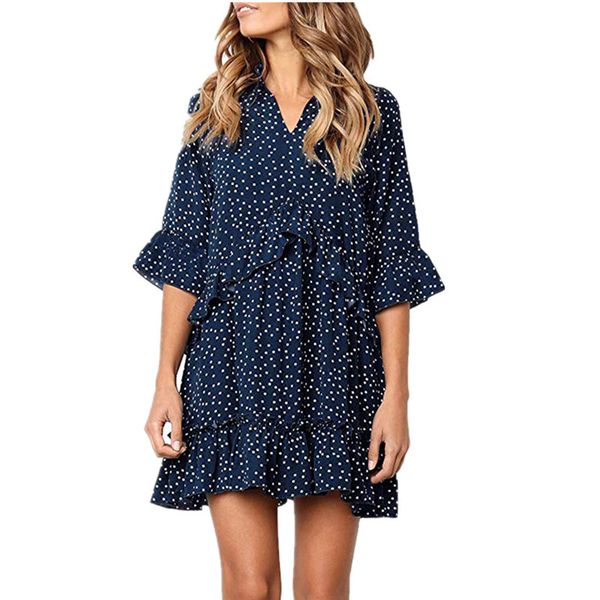 

2019 summer boho beach dress womens fashion loose print dot party dress lady sweet v-neck ruffles mini short dress vestidos, Black;gray
