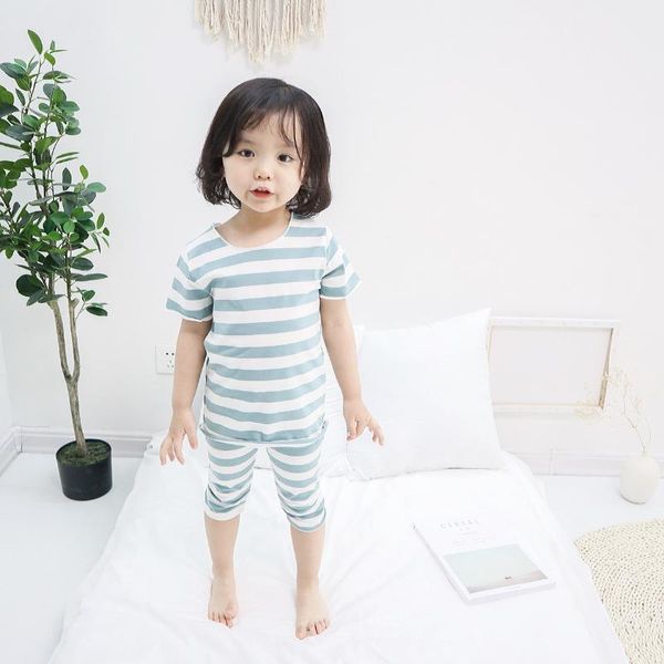 

birthday tee 2020 new children's striped clothing set two-piece children's pajamas set girls seven-point sleeve summer suit, White