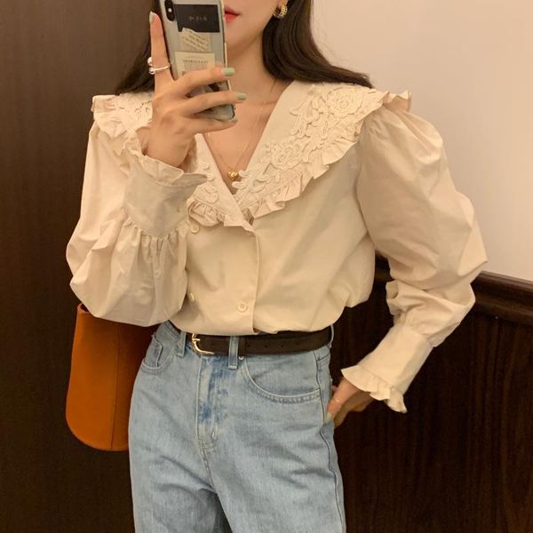 

2020 new fashion women blouse shirt lapel sweet ruffles korean style double-breasted office lady elegant shirts, White