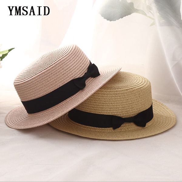 

ymsaid summer women boater beach hat female casual panama hat lady brand classic bowknot straw flat sun hat women fedora, Blue;gray