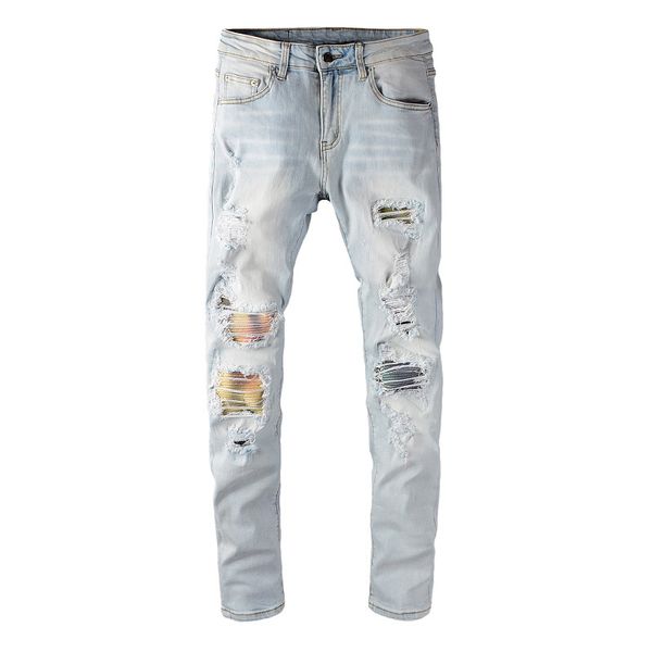 

men's light blue colored patchwork pleated ripped biker jeans streetwear slim skinnt stretch denim tapered pants